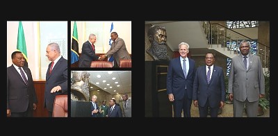 Left: Hon Dr Mahiga, Tanzania Minister for Foreign Affairs and Israeli PM Binyamin Netanyahu, At the top left: Israeli PM Binyamin Netanyahu and H.E. Mr Job Daudi Masima, Ambassador of Tanzania, At the bottom left: from left to right: H.E Mr Michael Oren, Deputy Minister in the Prime Minister's Office, Brig Gen Kahema Juni Mziray, Defence Attache, Hon. Dr Augustine Mahiga, Tanzania Minister for Foreign Affairs, H.E Mr Job Daudi Masima, Ambassador of Tanzania, Right: H.E Mr Michael Oren, Deputy Minister in the Prime Minister's Office, Hon. Dr Augustine Mahiga, Tanzania Minister for Foreign Affairs, H.E Mr Job Daudi Masima, Ambassador of Tanzania